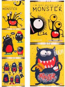 Тетрадь КЛЕТКА 48л. МОНСТРИКИ НА ЖЕЛТОМ цветная мелованная обл., 5 дизайнов в наборе