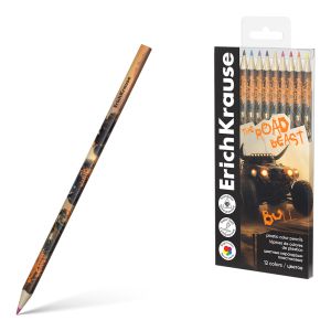 Цветные карандаши пластиковые ErichKrause Road Beast трехгранные, грифель 3 мм, 12 цветов 