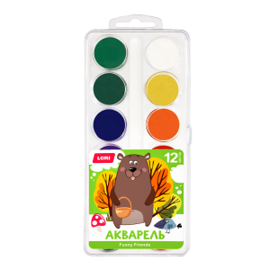Аквф-002 Акварель FUNNY FRIENDS 12 цв, б/к в пластиковой упаковке с крышкой