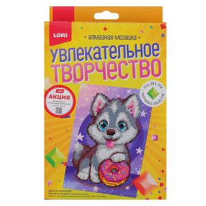 Алмазная мозаика 15*20 детская (неполное заполнение) "Хаски с пончиком"