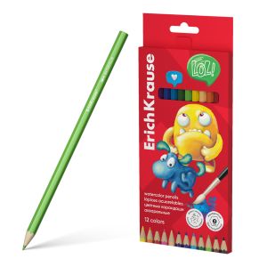 Акварельные карандаши деревянные ErichKrause Jolly Friends шестигранные, 12 цветов с кисточкой