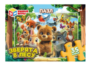 Зверята в лесу. Пазл классический в коробке. 35 деталей. 90х65х25 мм. Умные игры в уп.32шт в кор.8уп